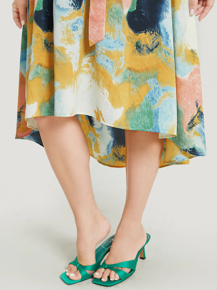Tie Dye Ruffle Pocket Wrap Belted High Low Dress - Image 8