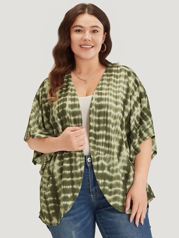 Tie Dye Ruffle Sleeve Asymmetrical Hem Kimono - Image 2