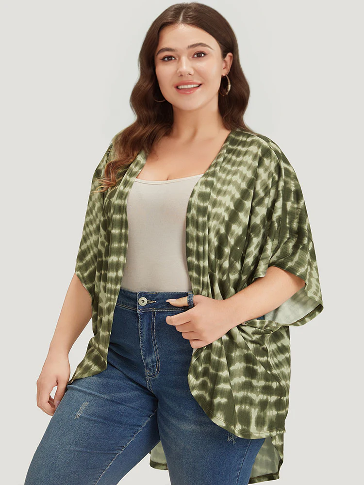 Tie Dye Ruffle Sleeve Asymmetrical Hem Kimono - Image 3