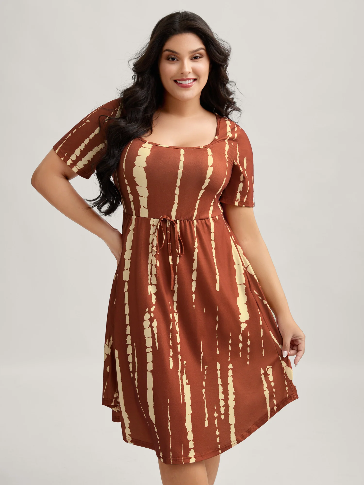 Tie-Dye Stretchy Waist-Drawstring Midi Dress - Image 2