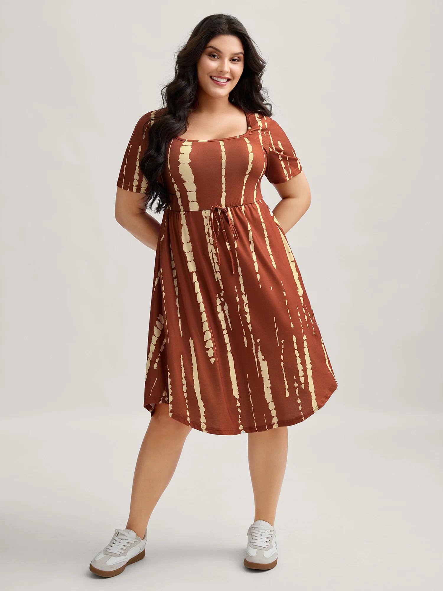 Tie-Dye Stretchy Waist-Drawstring Midi Dress - Image 3