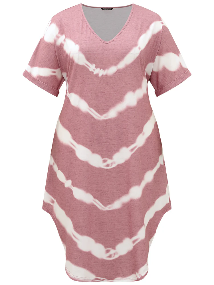 Tie Dye Striped Two Tone V Neck Pocket Dress - Image 13