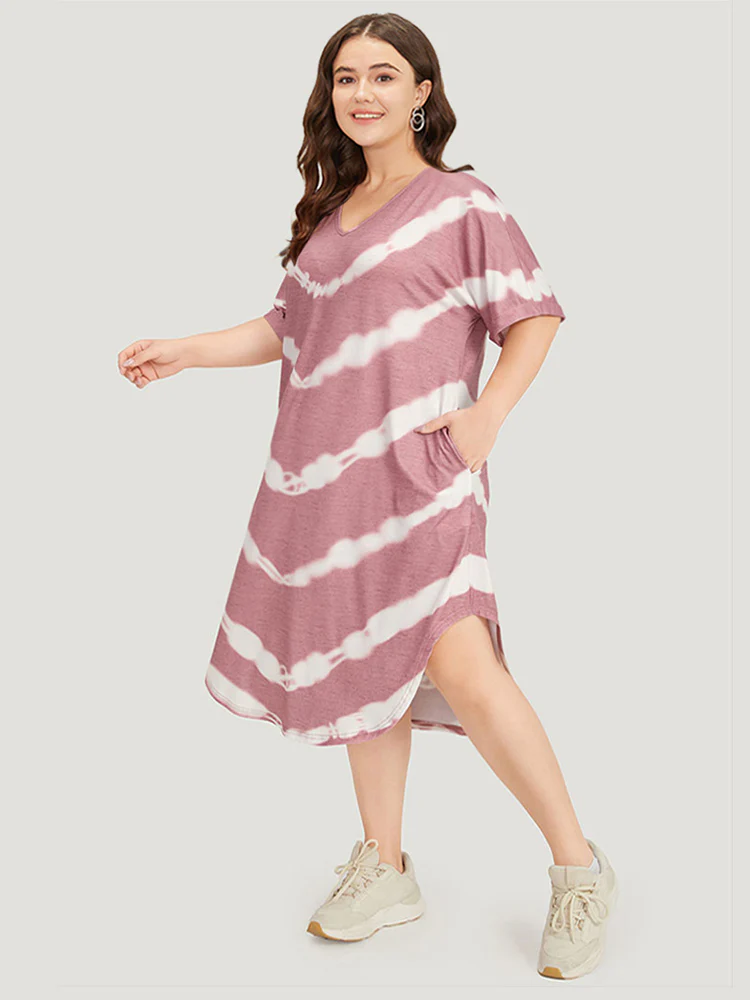 Tie Dye Striped Two Tone V Neck Pocket Dress - Image 2