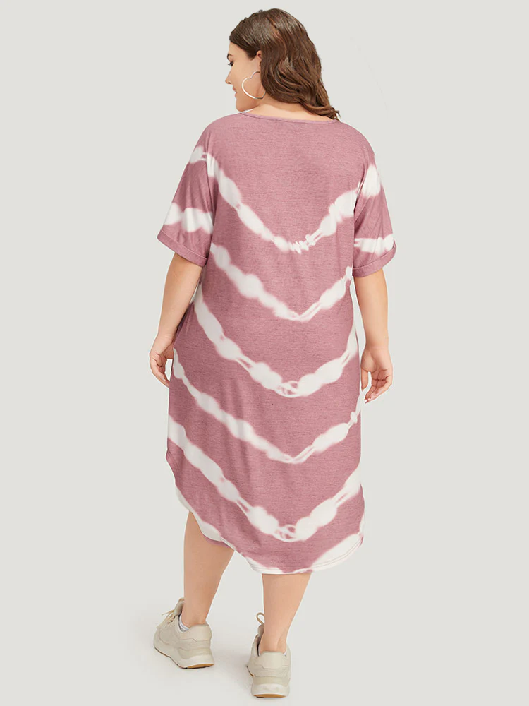 Tie Dye Striped Two Tone V Neck Pocket Dress - Image 3