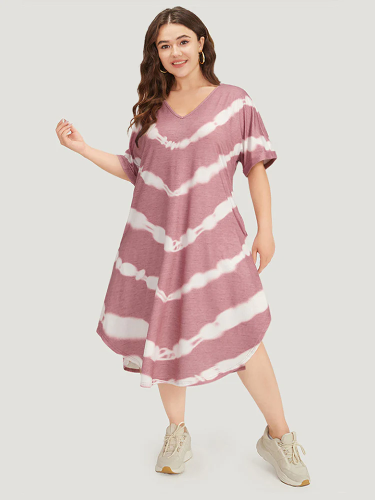 Tie Dye Striped Two Tone V Neck Pocket Dress - Image 4