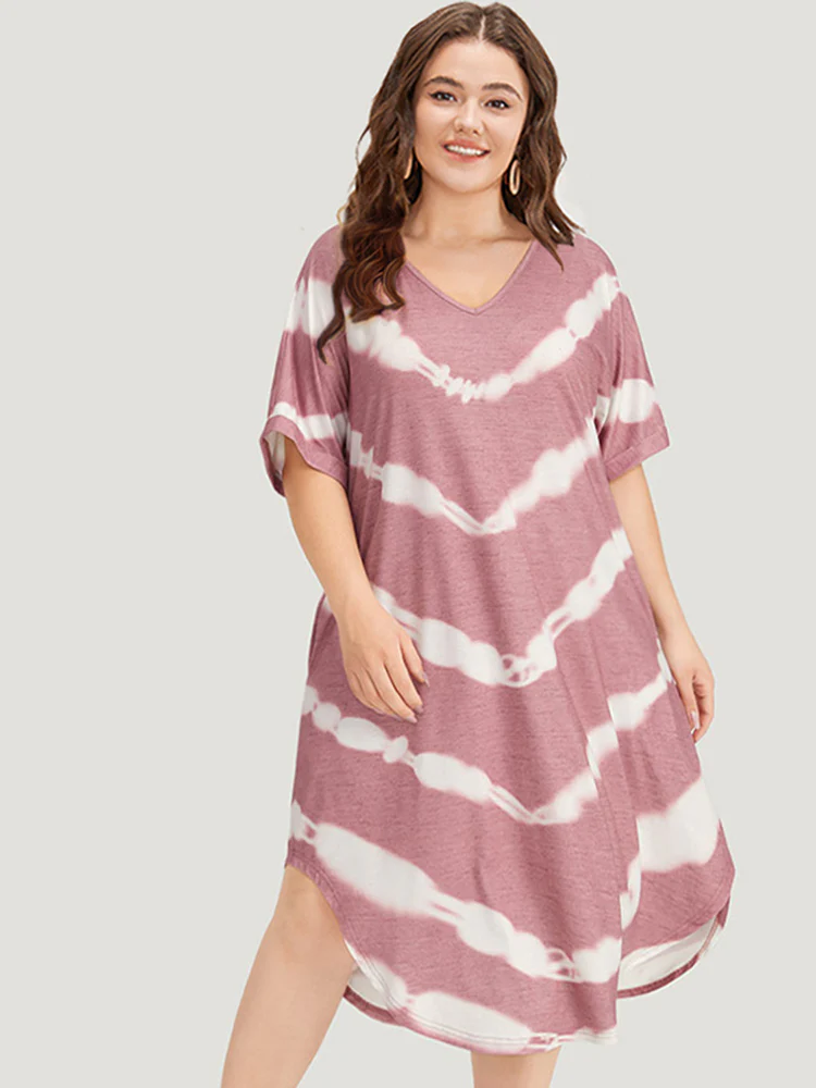 Tie Dye Striped Two Tone V Neck Pocket Dress - Image 5