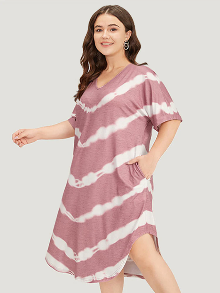 Tie Dye Striped Two Tone V Neck Pocket Dress - Image 6