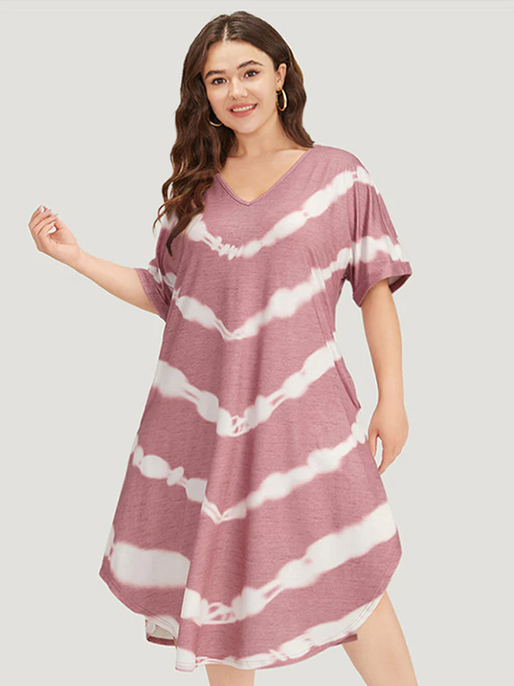 Tie Dye Striped Two Tone V Neck Pocket Dress - Image 8