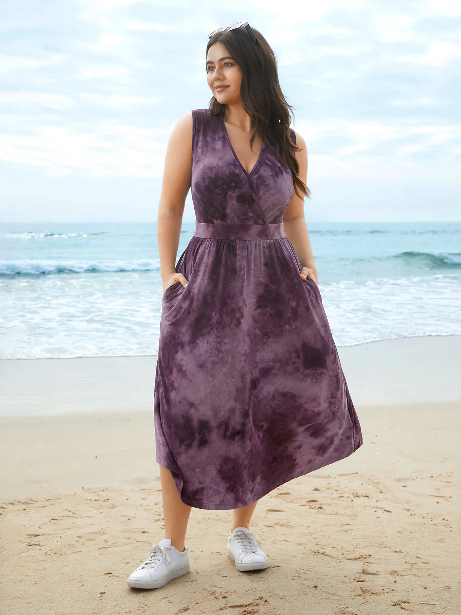 Tie-Dye Surplice Neck Curved Hem Midi Dress - Image 4