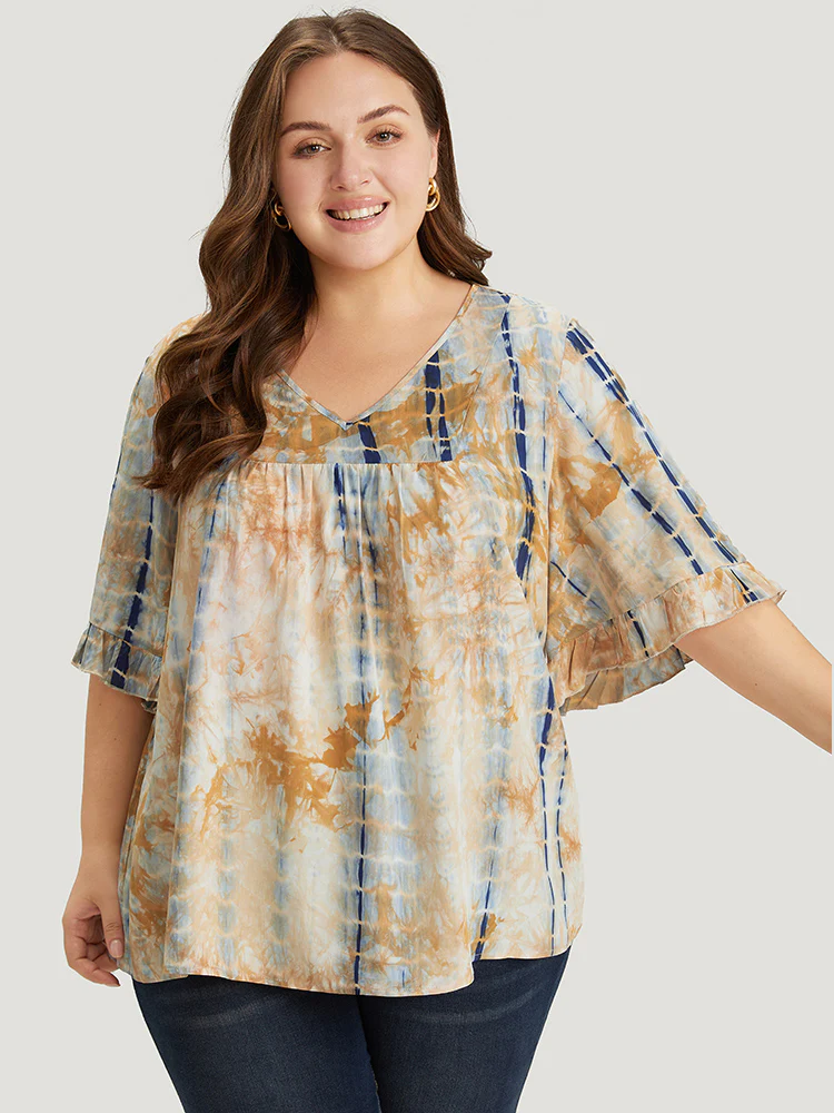 Tie Dye V Neck Flounce Sleeve Blouse - Image 2