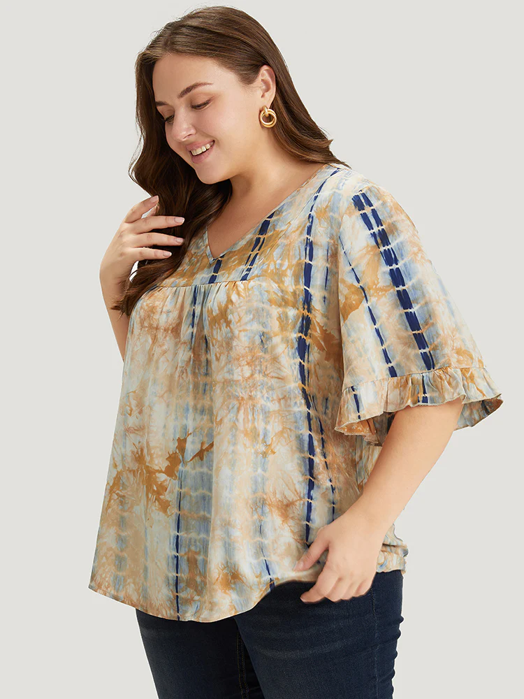 Tie Dye V Neck Flounce Sleeve Blouse - Image 3