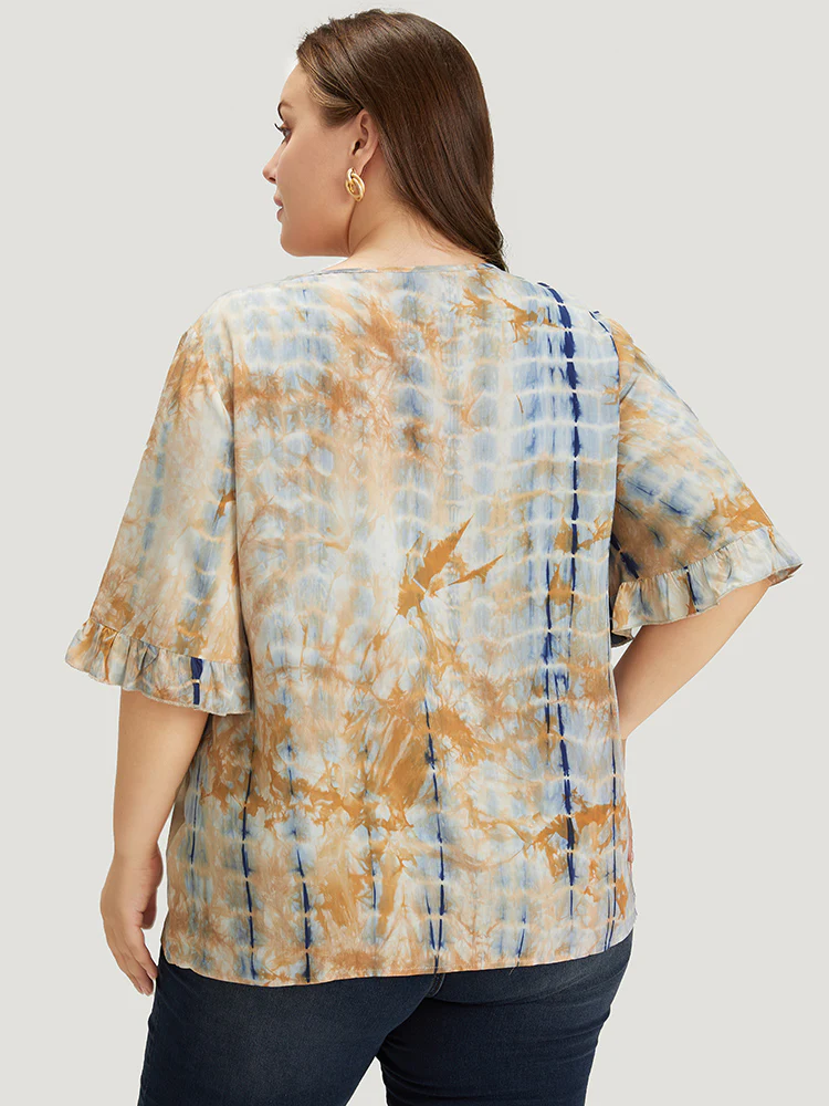 Tie Dye V Neck Flounce Sleeve Blouse - Image 4