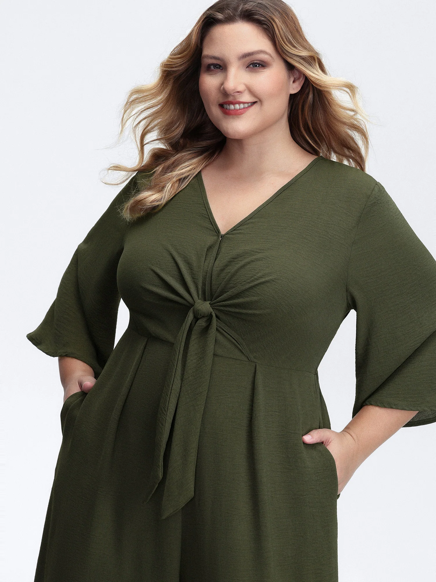 Tie-Front Three Quarter Sleeve Jumpsuit - Image 2