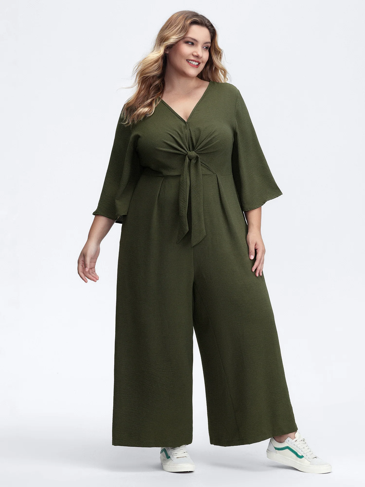 Tie-Front Three Quarter Sleeve Jumpsuit - Image 3