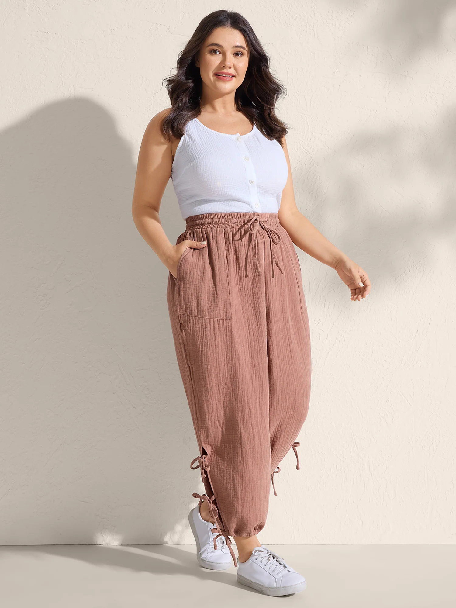 Tie-Hem Slits Cuffed Waist-Tie Pockets Pants - Image 3