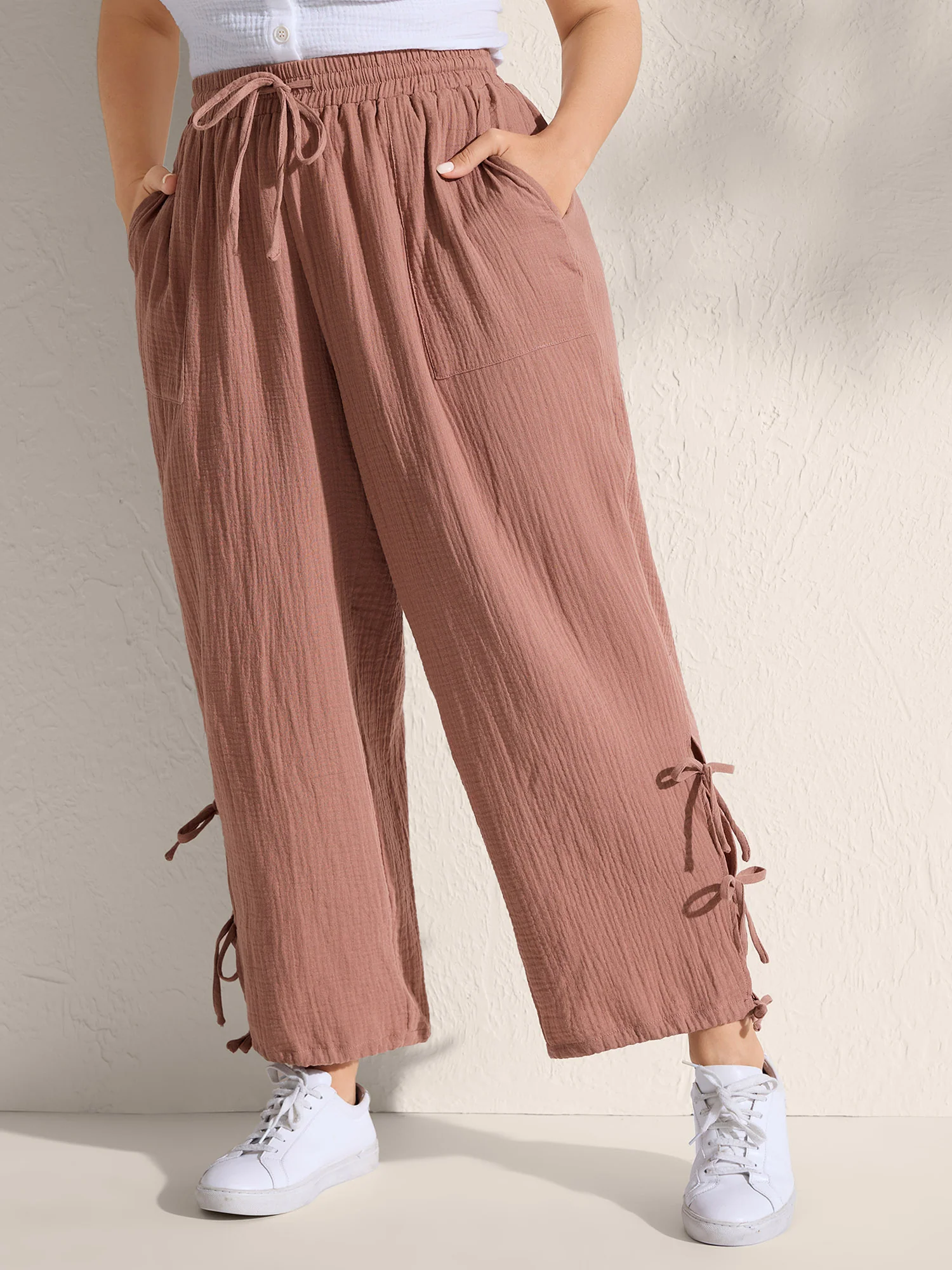 Tie-Hem Slits Cuffed Waist-Tie Pockets Pants - Image 5