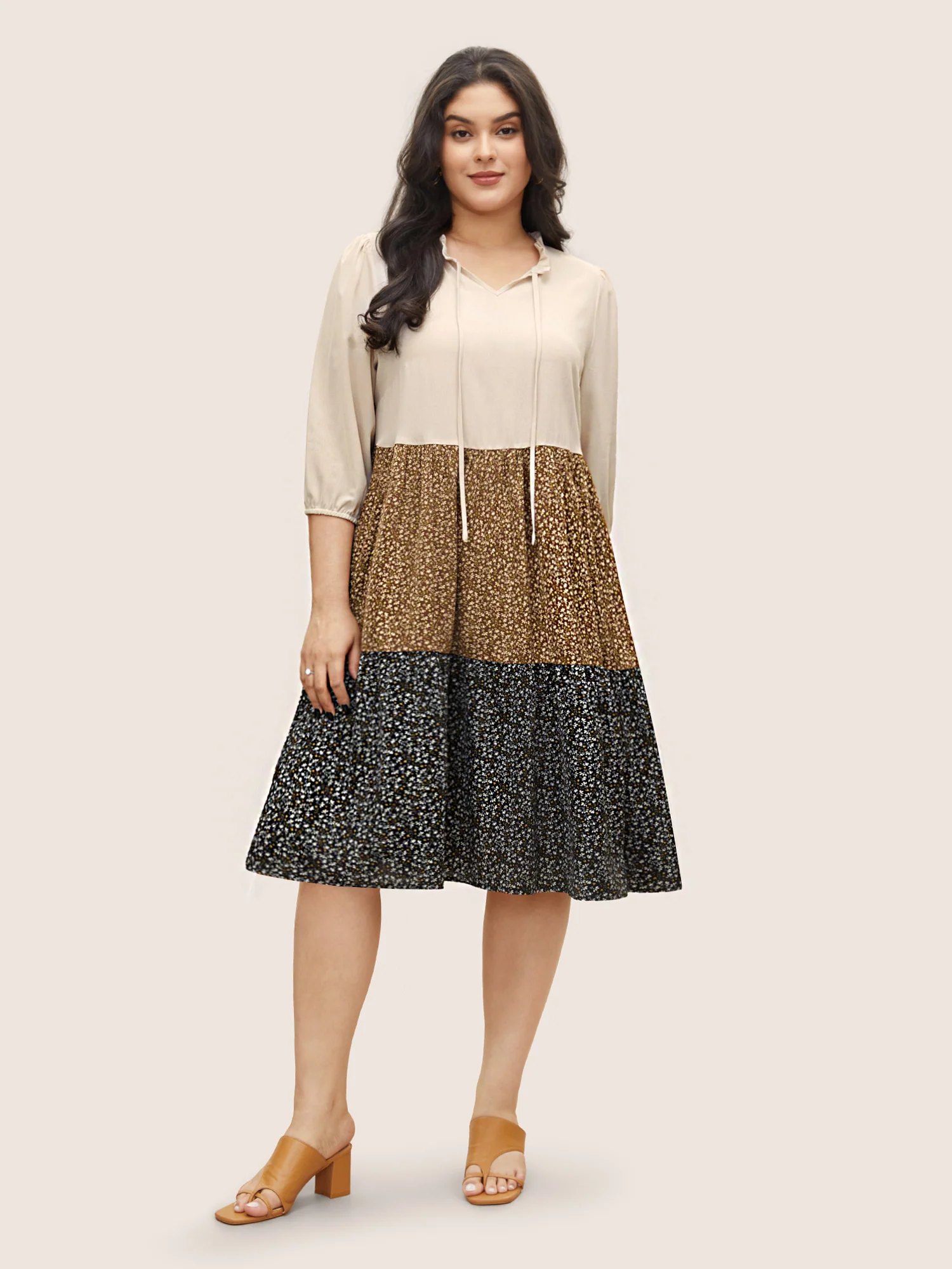 Tie Neck Ditsy Floral Colorblock Contrast Frill Trim Dress - Image 2