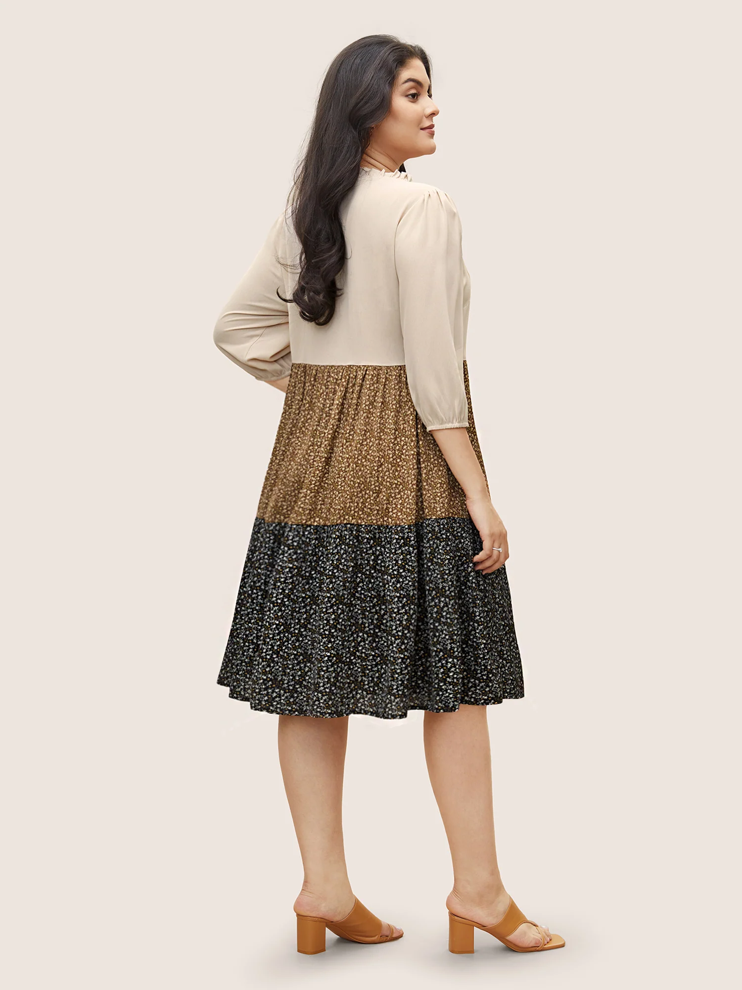 Tie Neck Ditsy Floral Colorblock Contrast Frill Trim Dress - Image 3