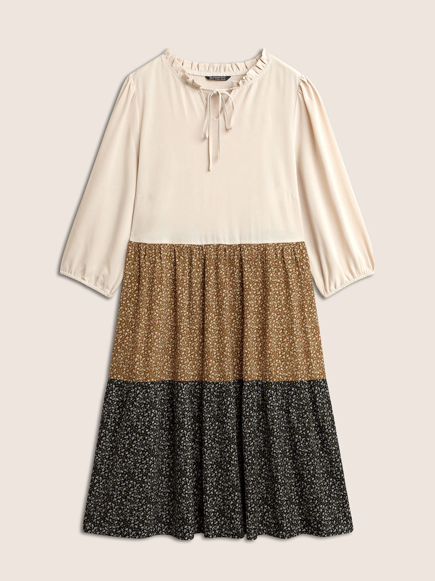 Tie Neck Ditsy Floral Colorblock Contrast Frill Trim Dress - Image 7