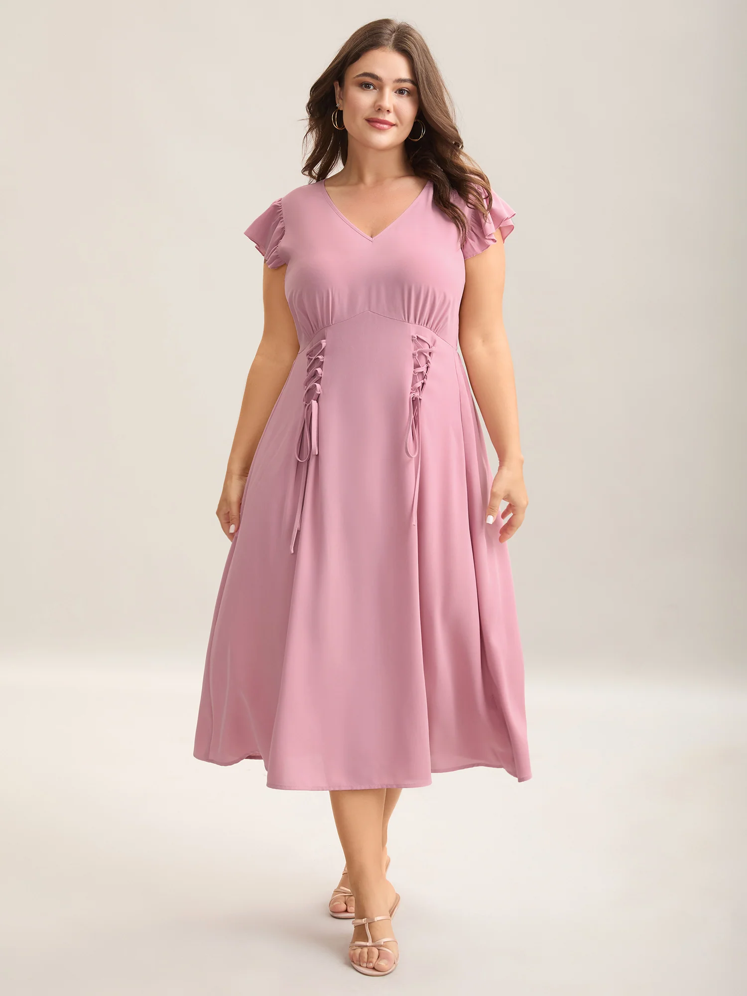 Tie-Up Panels Solid Pockets Midi Dress