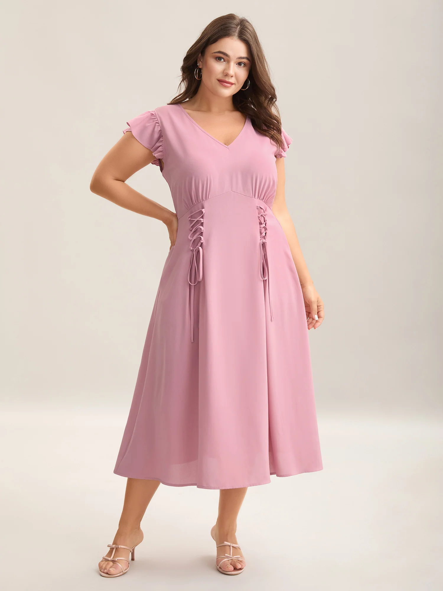 Tie-Up Panels Solid Pockets Midi Dress - Image 3
