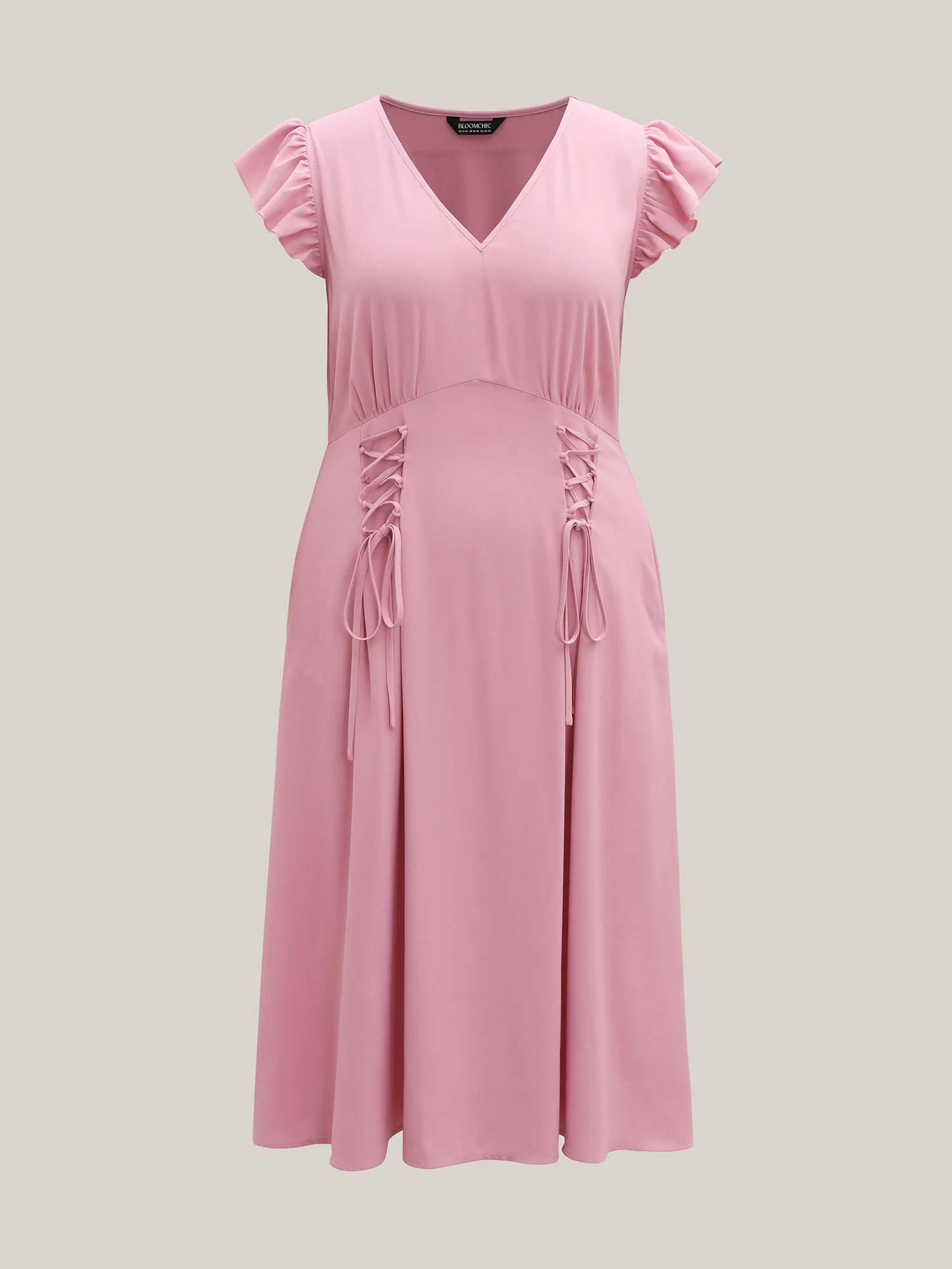 Tie-Up Panels Solid Pockets Midi Dress - Image 5