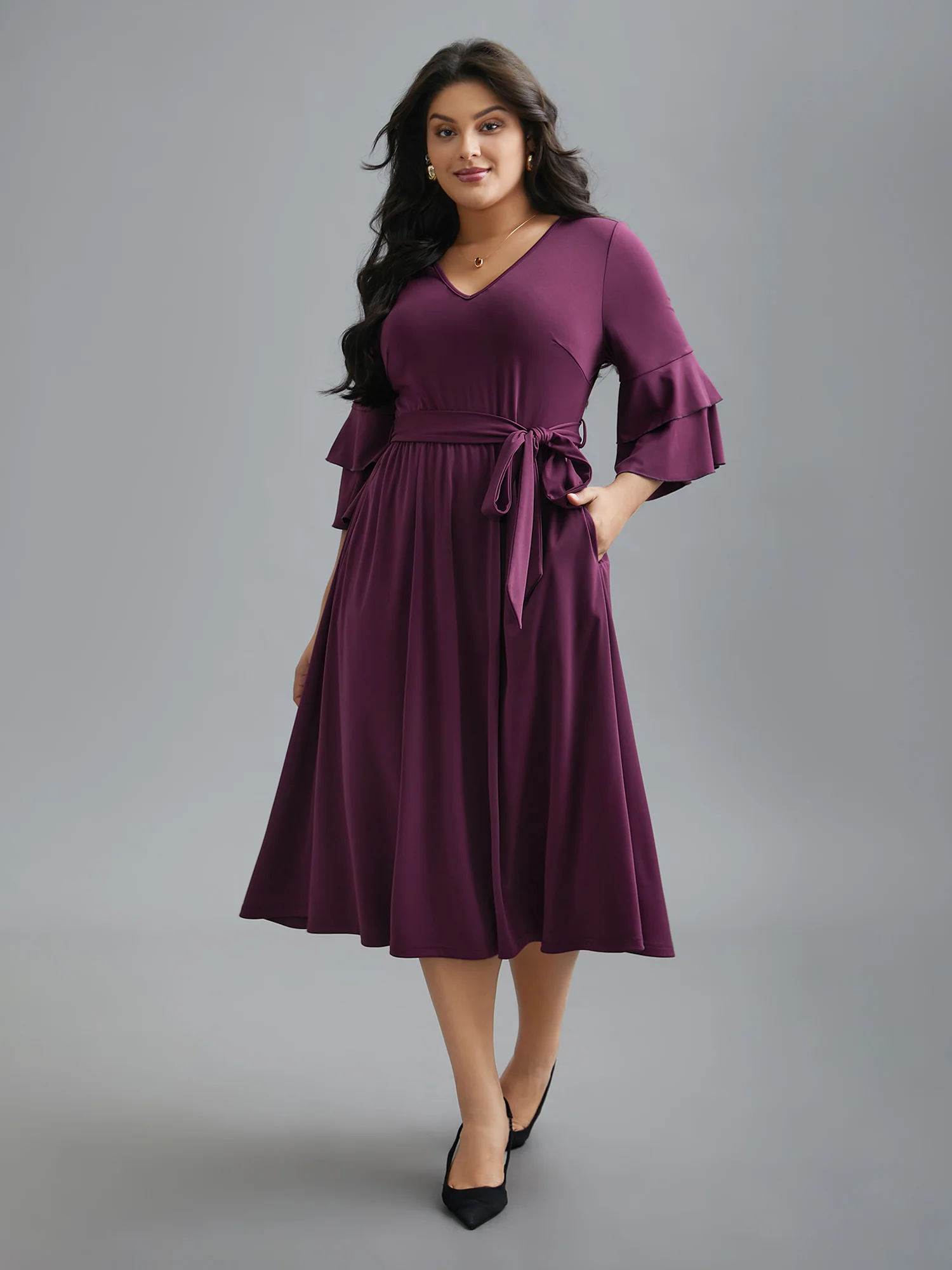 Tiered Ruffles Belted Stretchy Waist Dress - Image 3