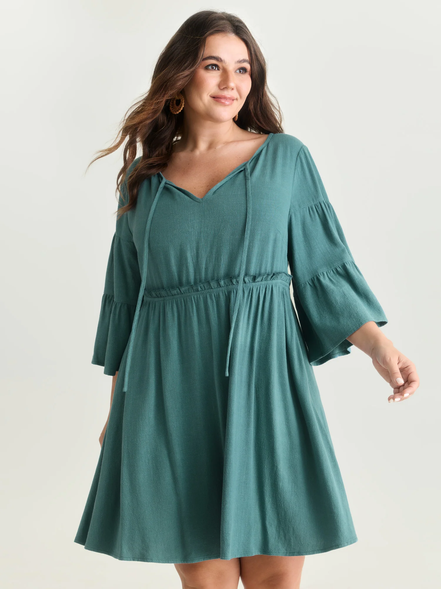 Rayon Linen Blend Tiered Sleeve Mini Dress