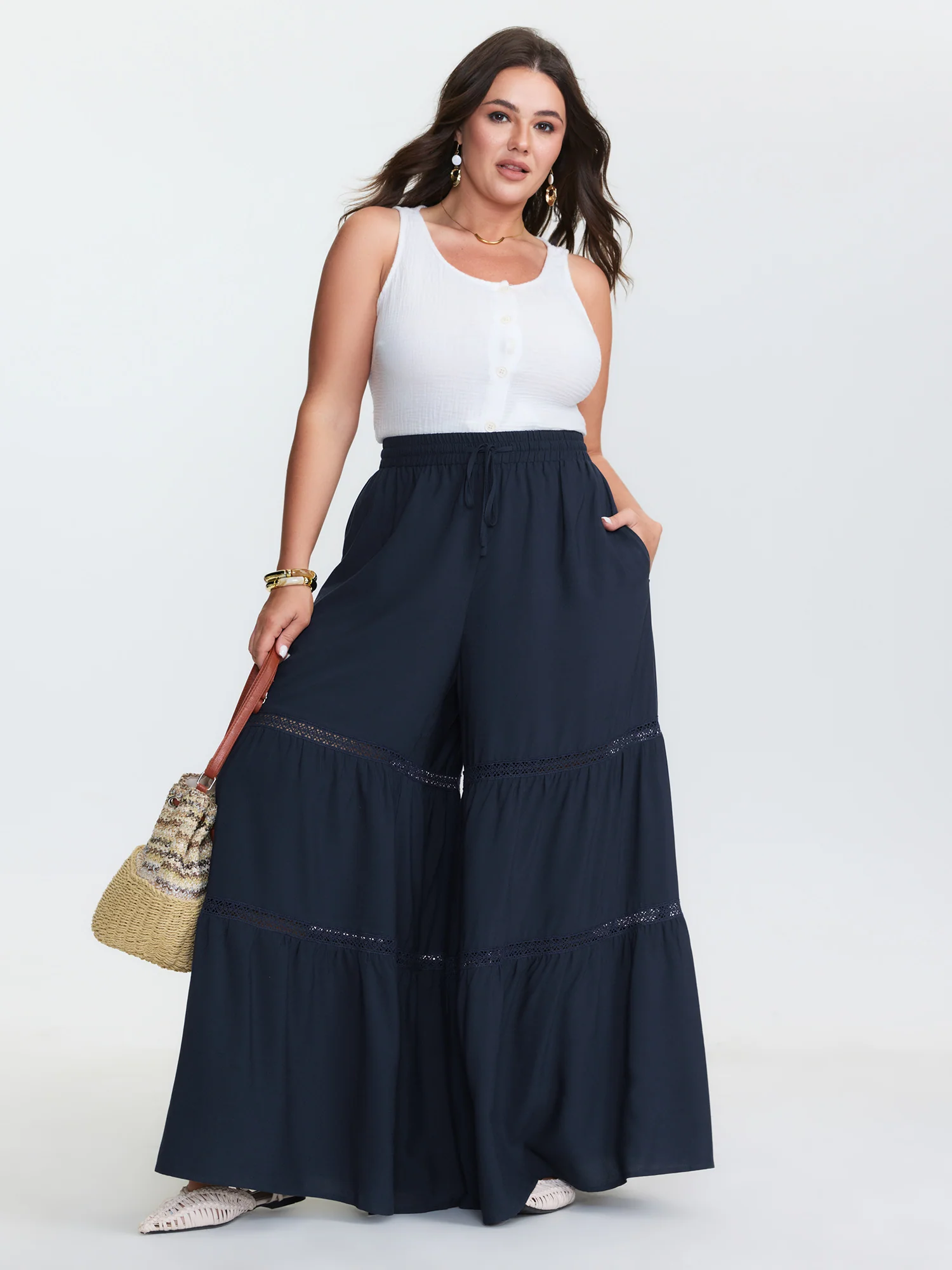 Tiered Spliced Drawstring Cut Out Flared Pants - Image 2