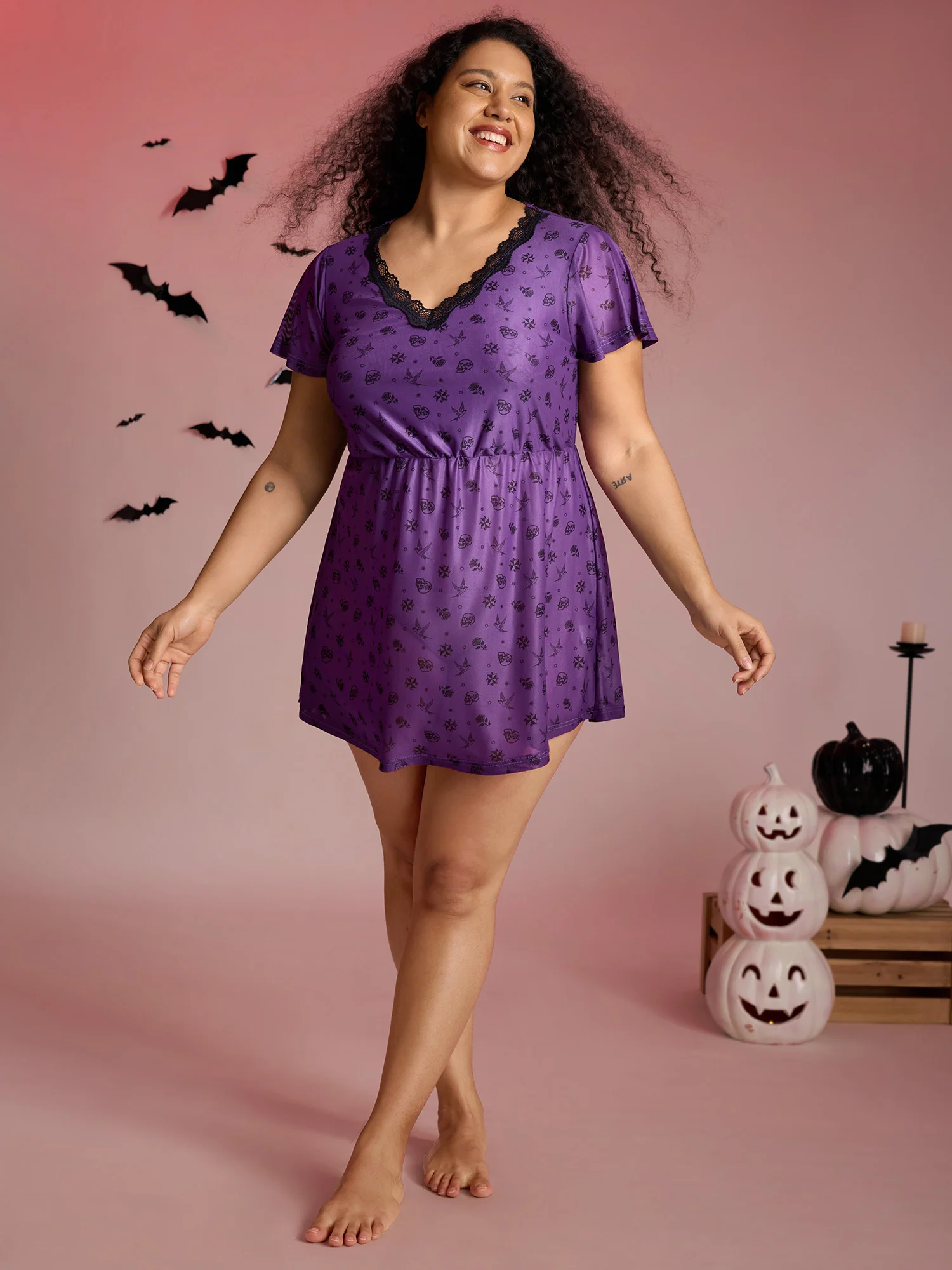 Halloween Fun Print Stretchy Waist Nightgown - Image 3