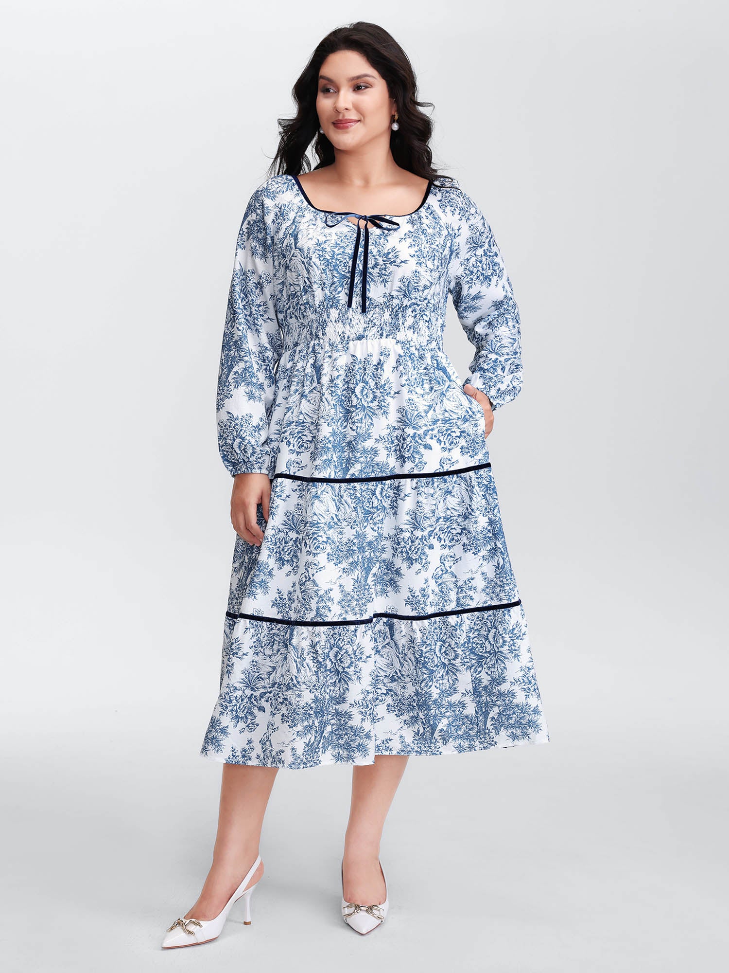 Toile de Jouy Neck-Tie Midi Dress - Image 3
