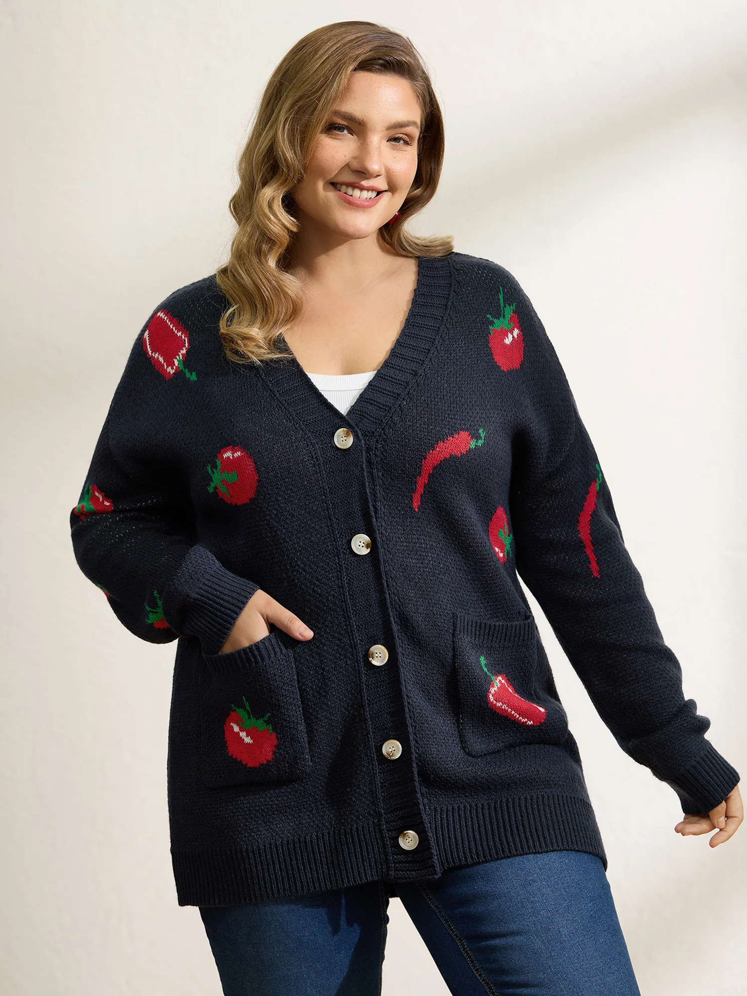 Tomato Chili Print Button Knit Cardigan - Image 4