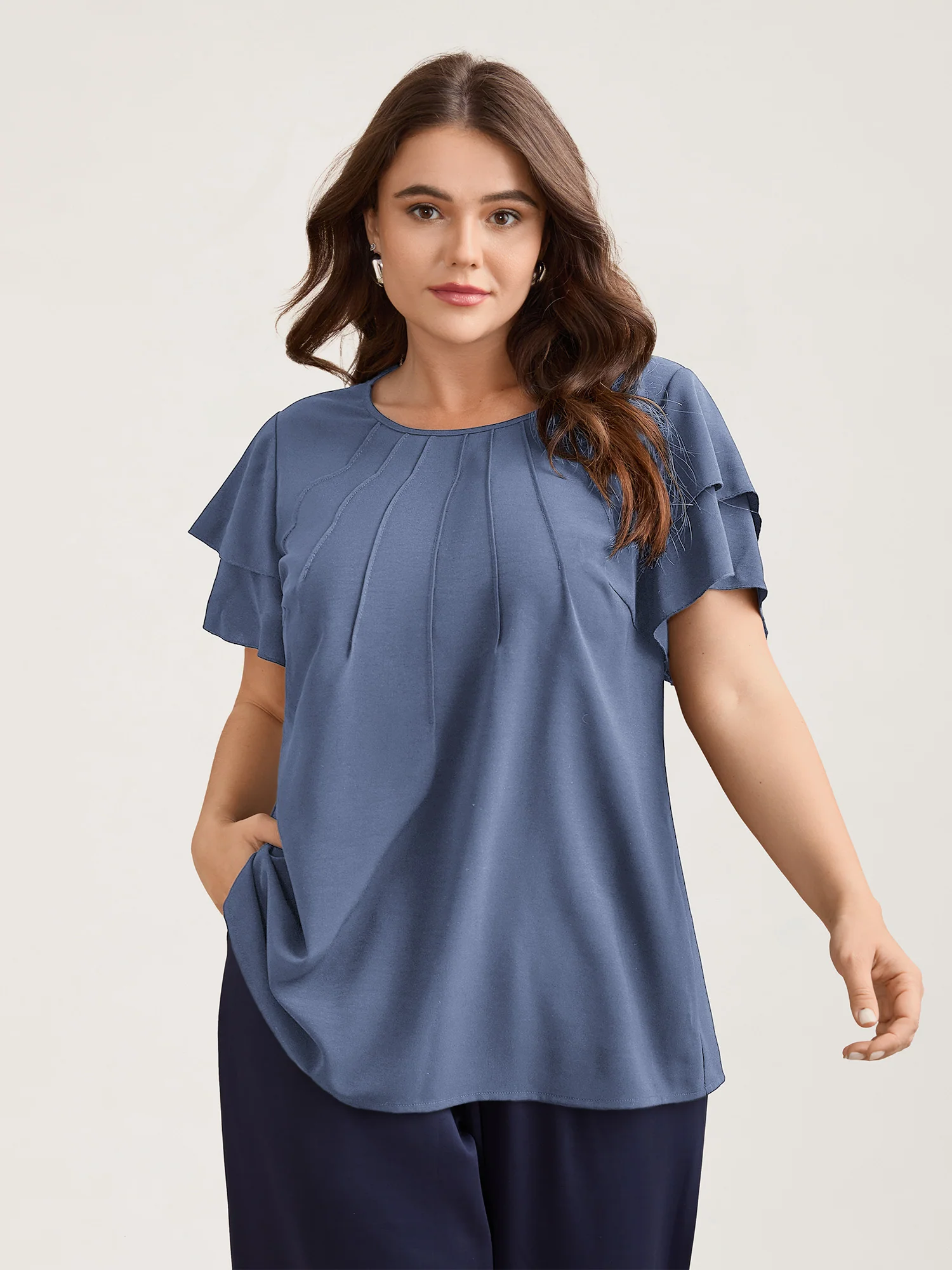 Toothpick Pleat Layered Flutter Sleeve Blouse - Image 13