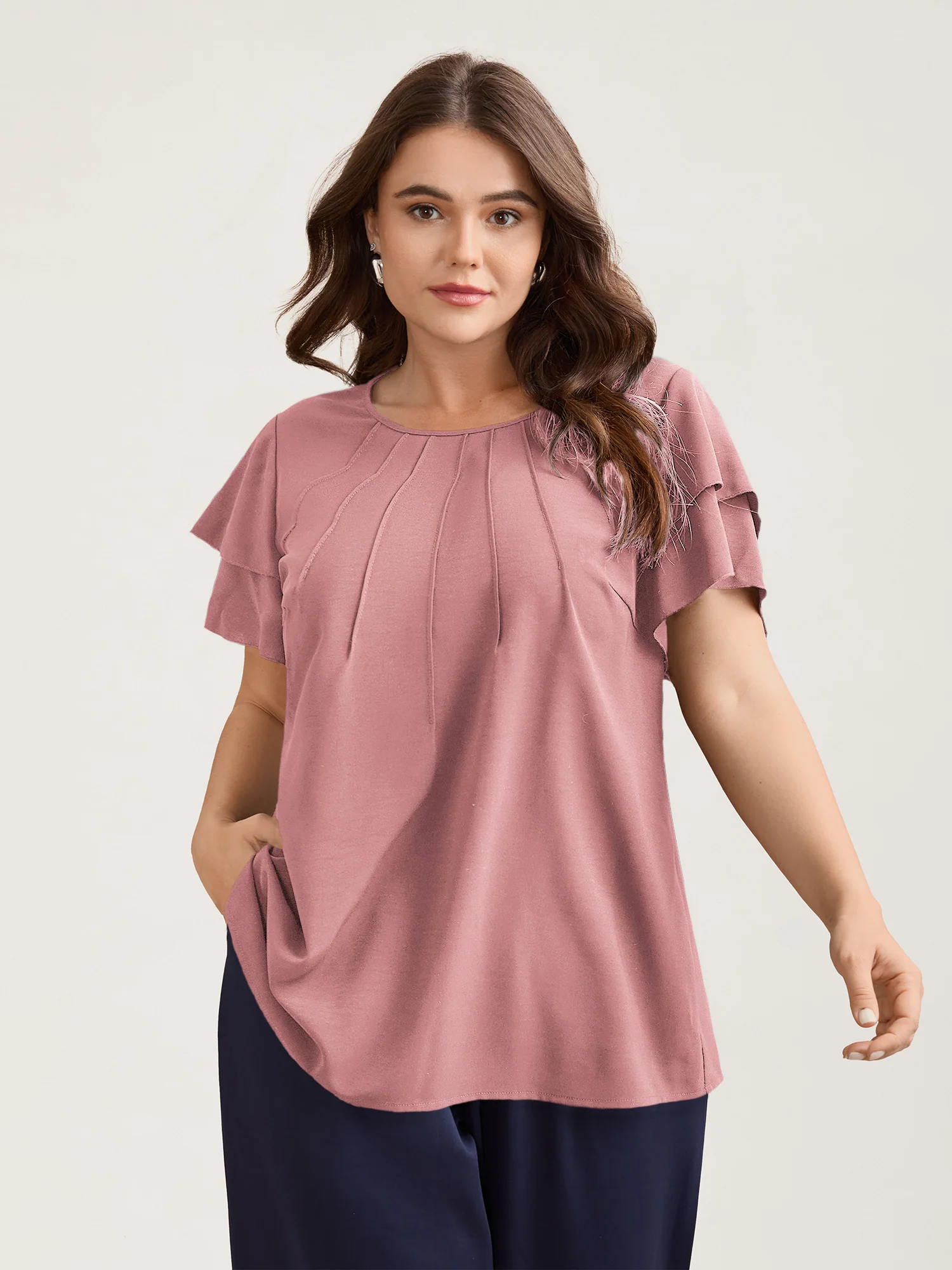 Toothpick Pleat Layered Flutter Sleeve Blouse - Image 28