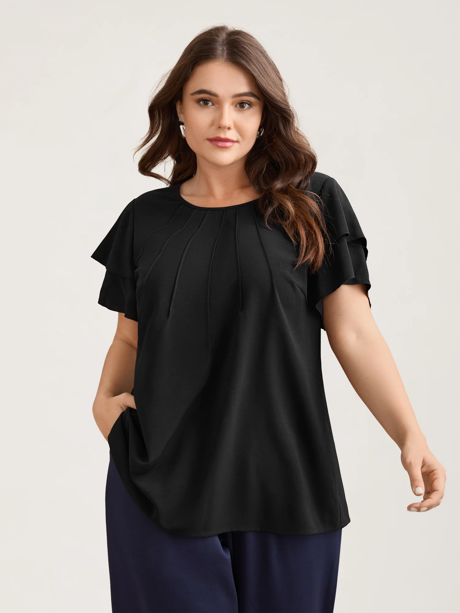 Toothpick Pleat Layered Flutter Sleeve Blouse - Image 5