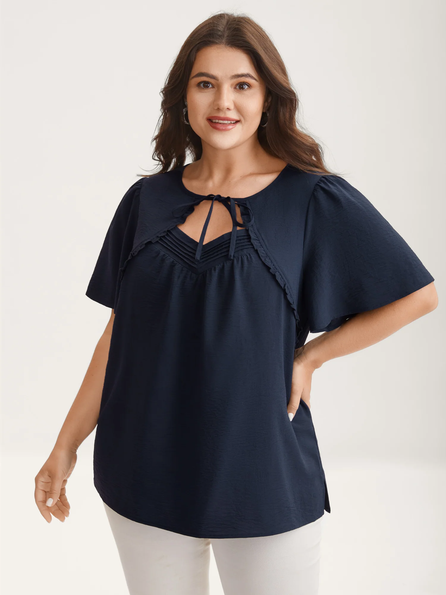 Toothpick Pleated Neck Tie Solid Blouse - Image 2