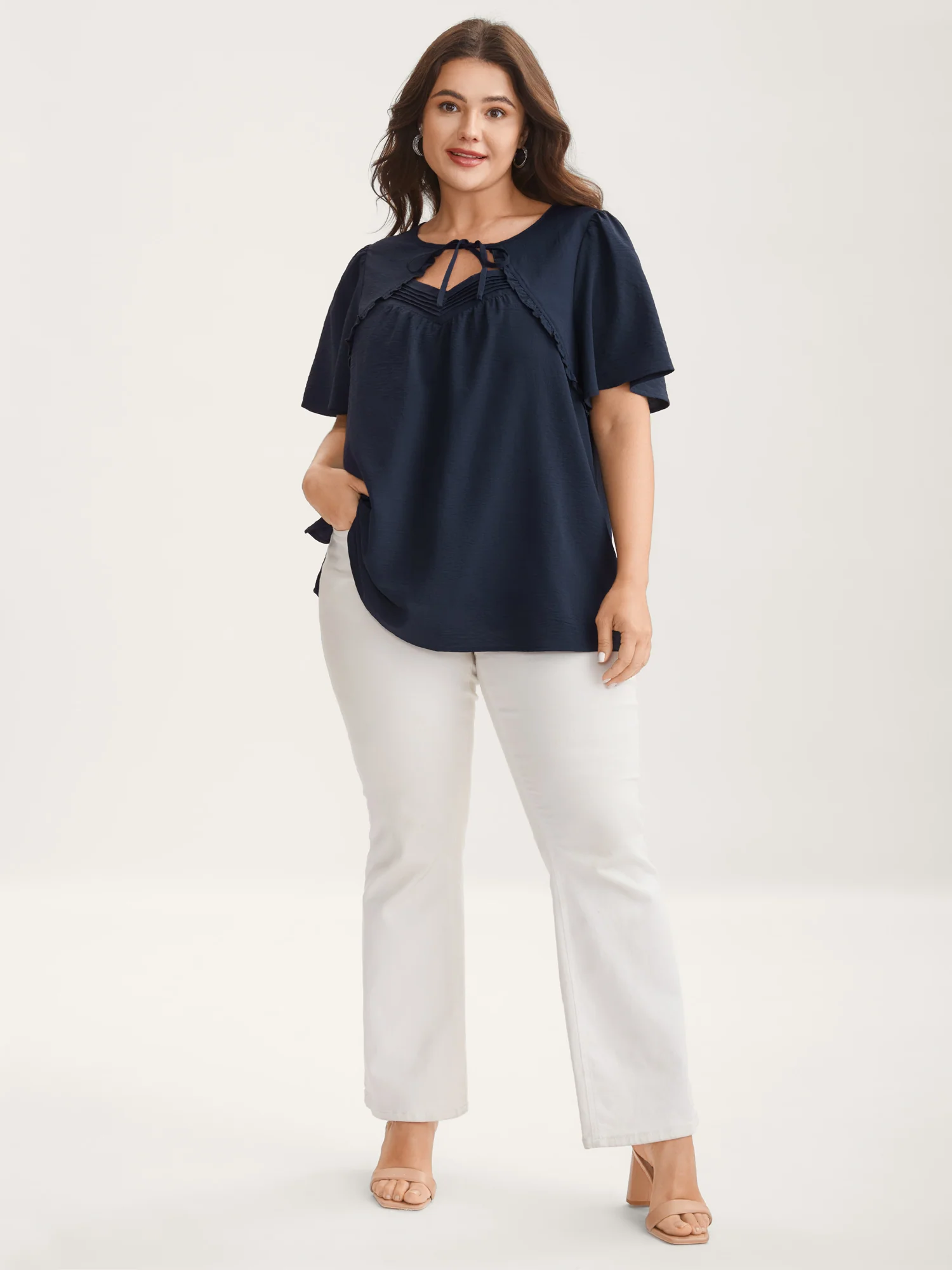 Toothpick Pleated Neck Tie Solid Blouse - Image 3