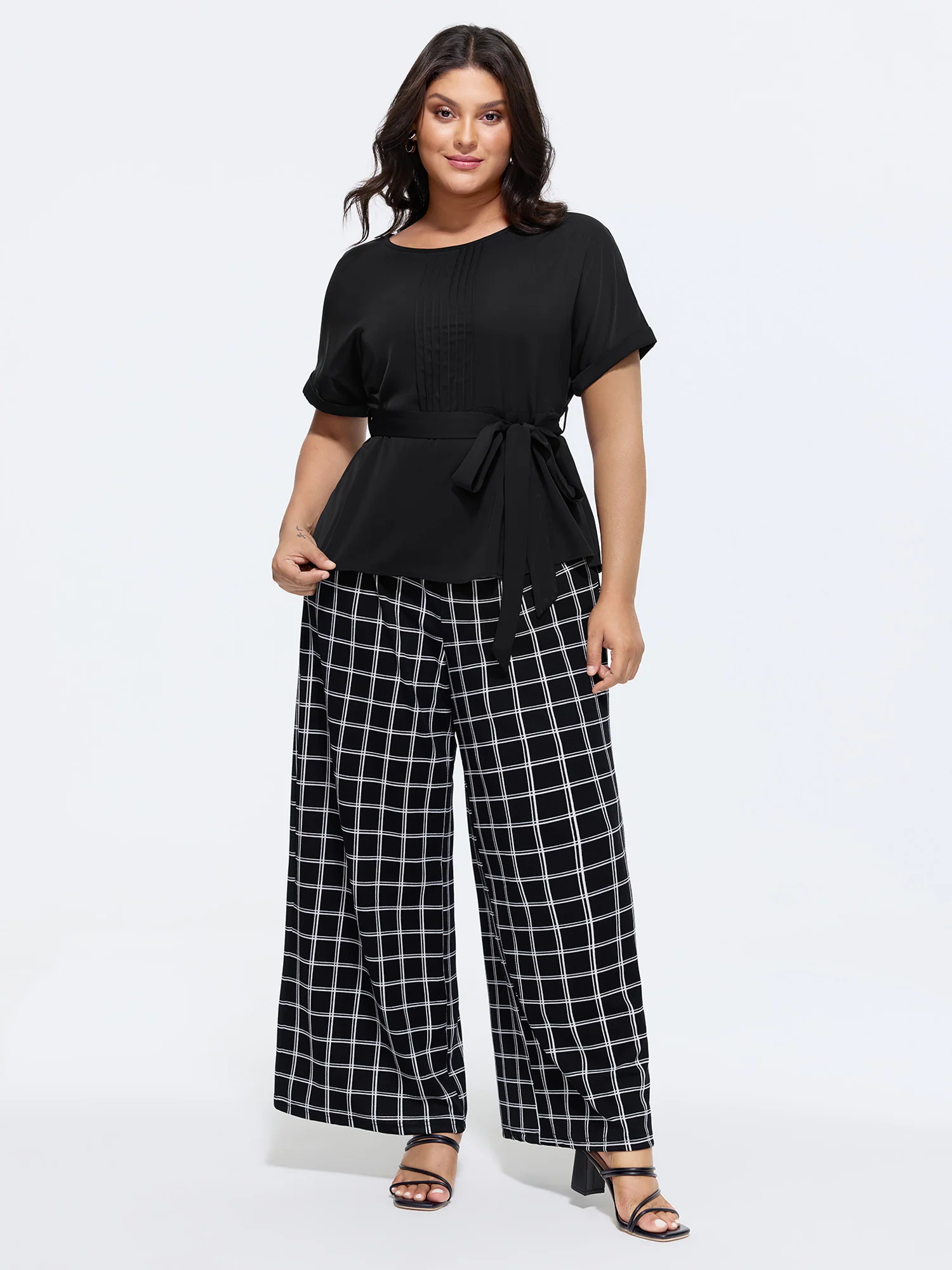 Toothpick Pleated Waist-Tie Plain Blouse - Image 3