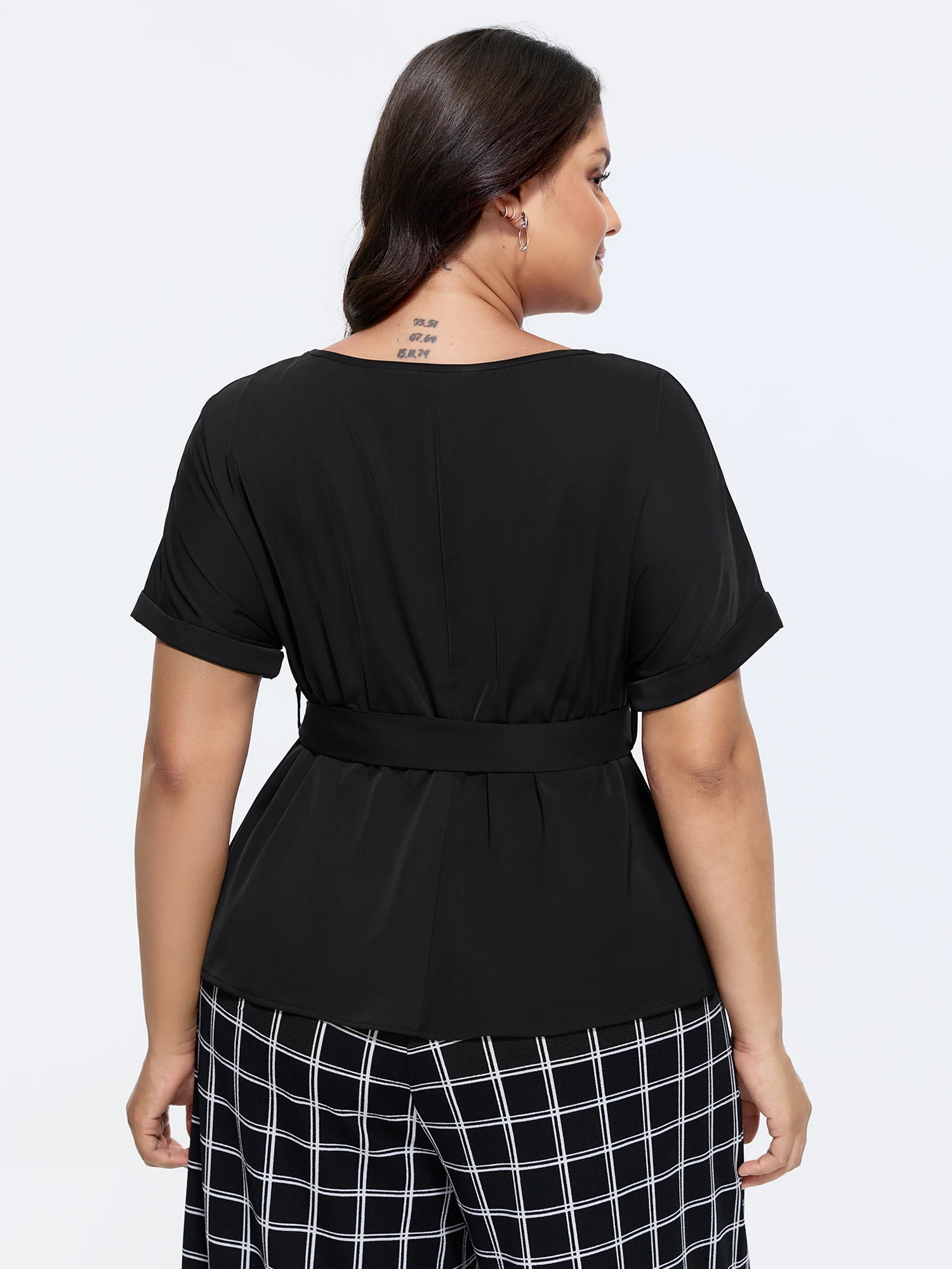 Toothpick Pleated Waist-Tie Plain Blouse - Image 4
