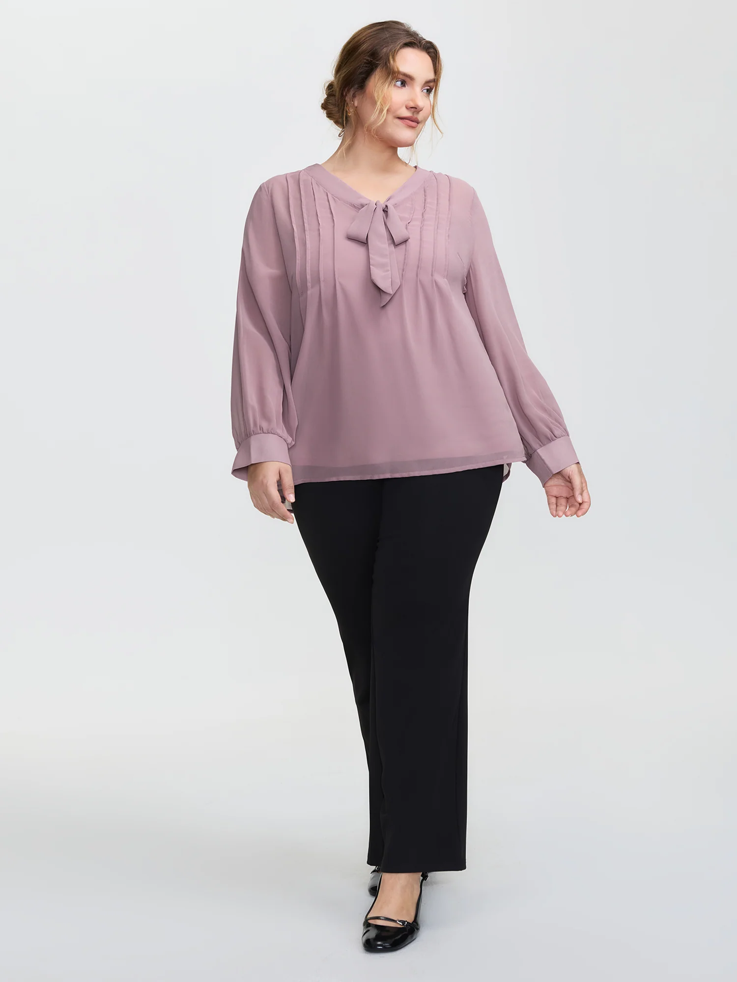 Toothpick Pleats Neck-Tie Sheer Blouse - Image 3