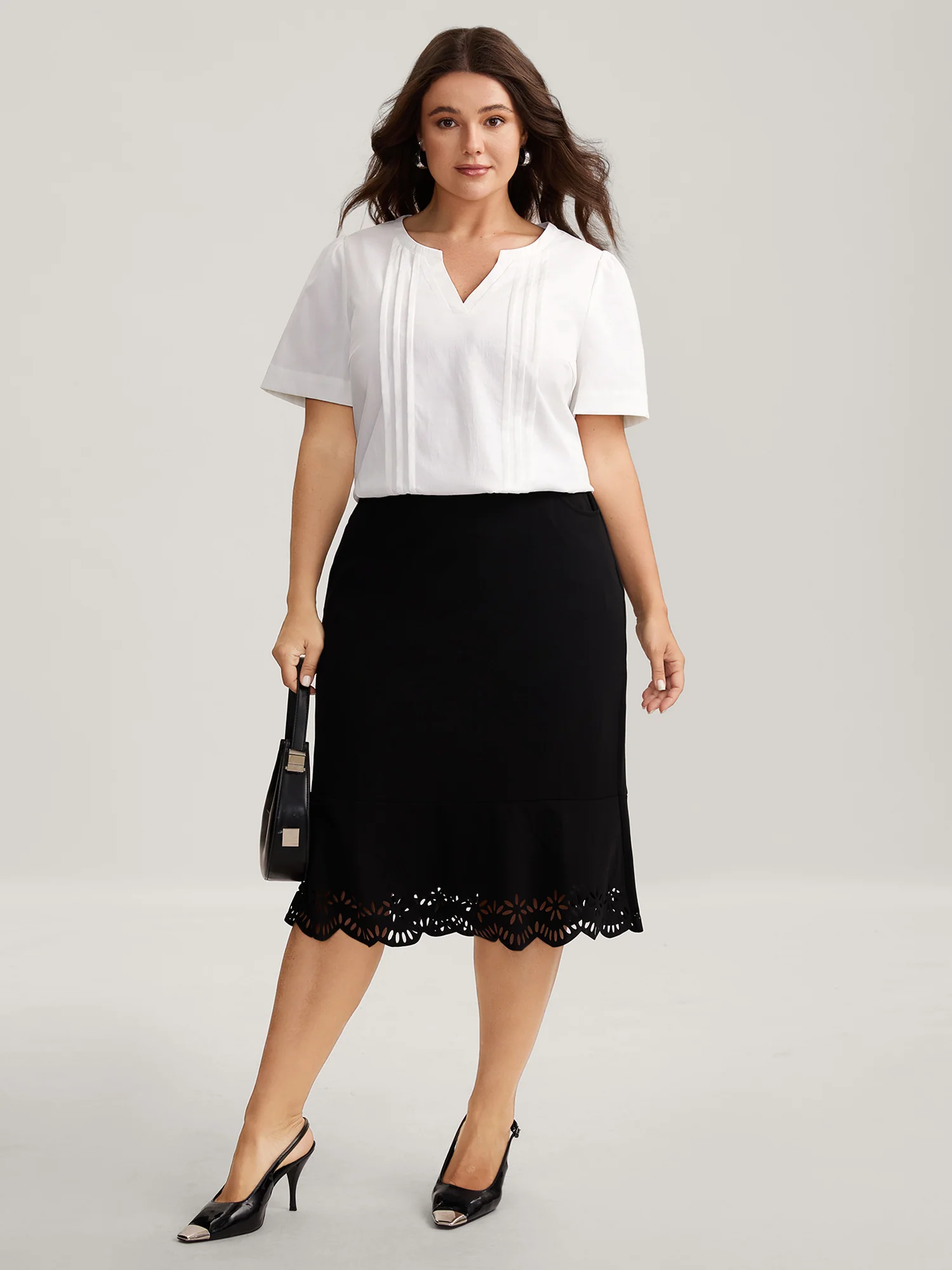Toothpick Pleats Notched Collar Solid Blouse - Image 3