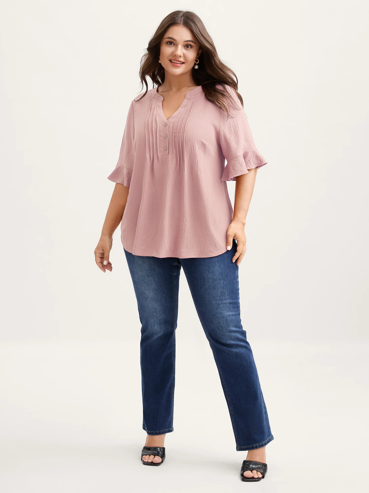 Toothpick Pleats Ruffled Sleeve Solid Blouse - Image 11