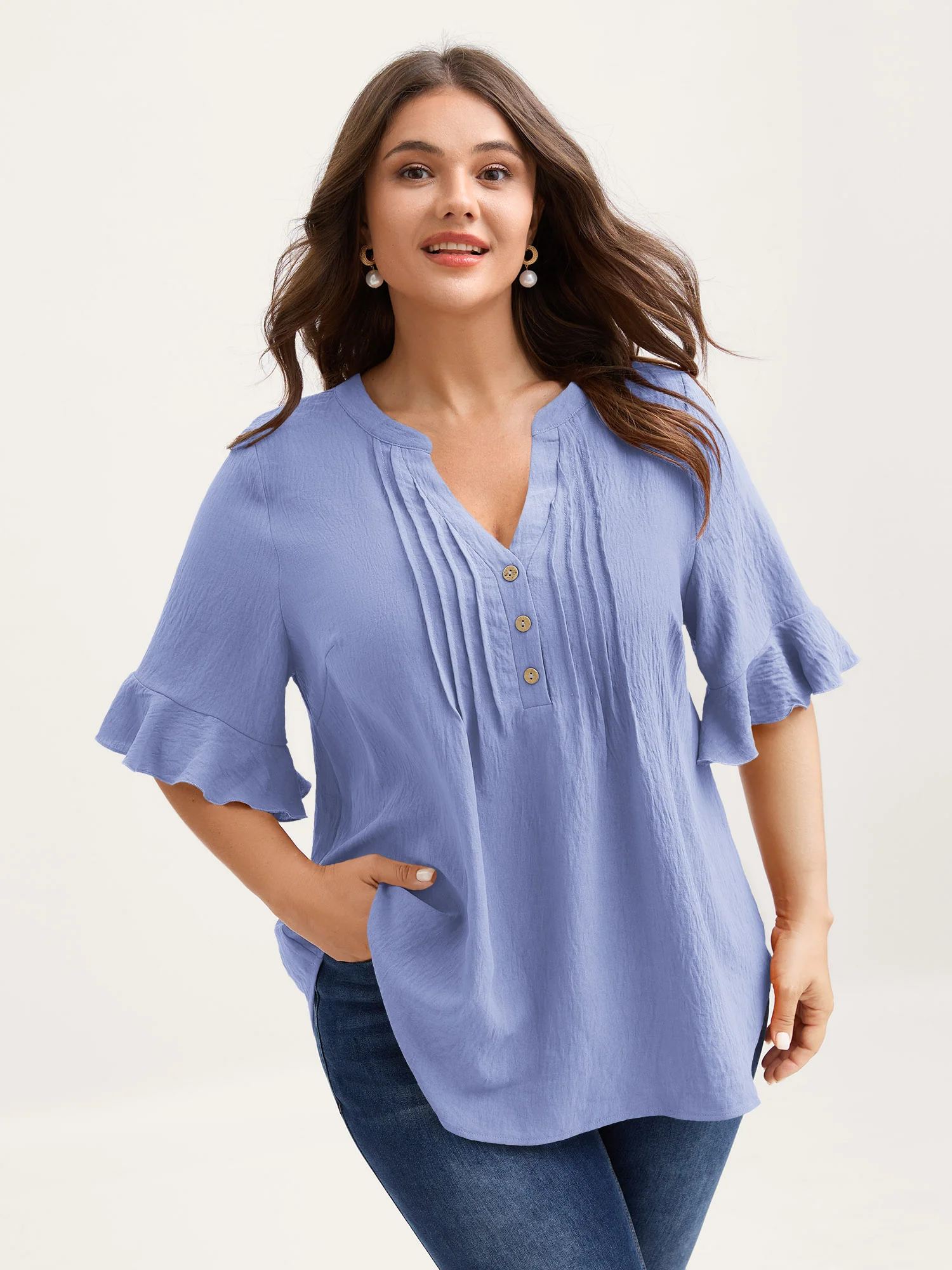 Toothpick Pleats Ruffled Sleeve Solid Blouse - Image 13