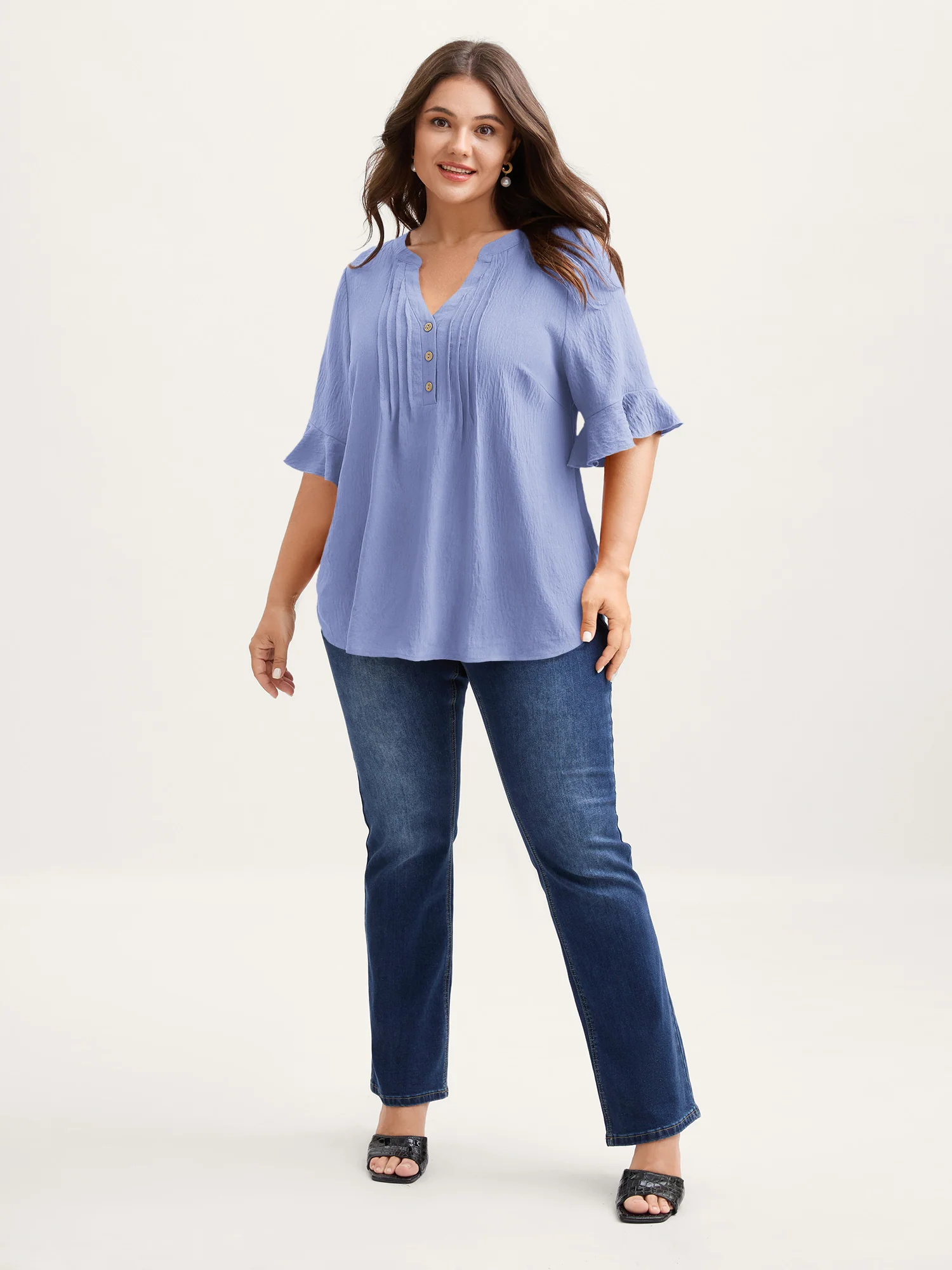 Toothpick Pleats Ruffled Sleeve Solid Blouse - Image 15