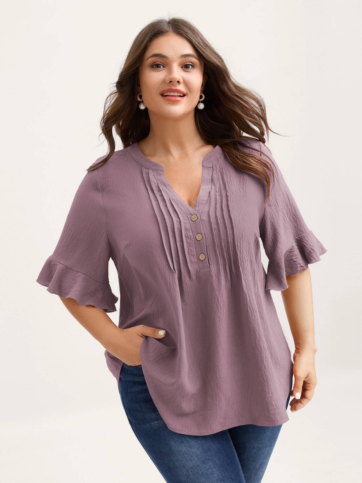 Toothpick Pleats Ruffled Sleeve Solid Blouse - Image 17