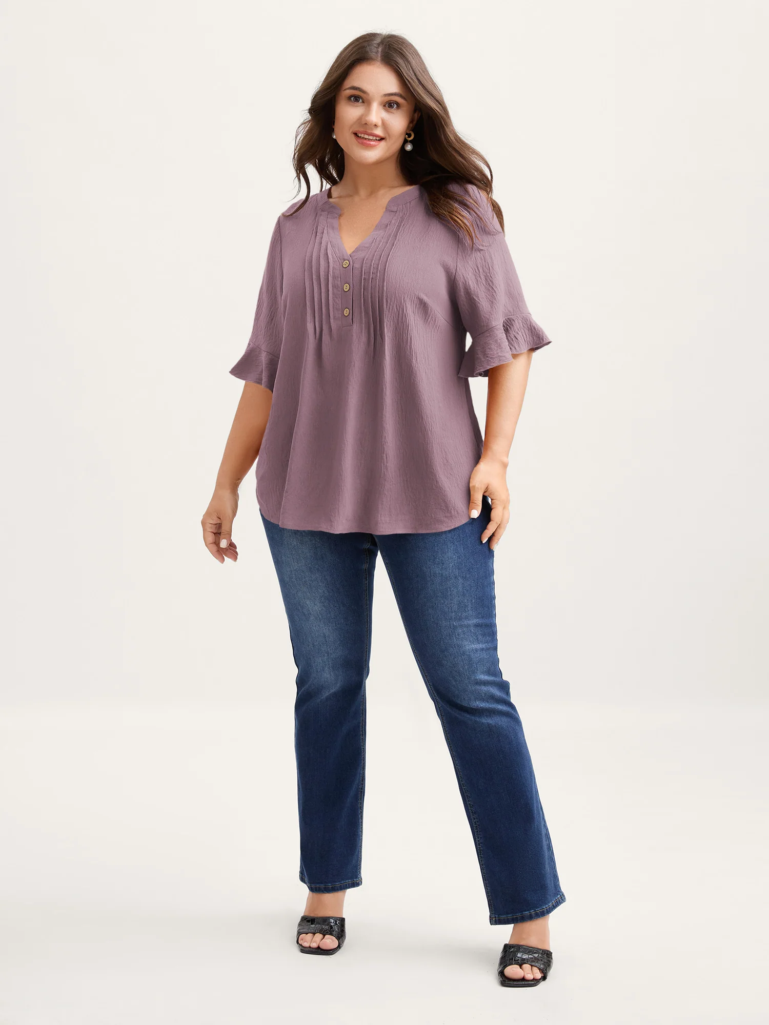 Toothpick Pleats Ruffled Sleeve Solid Blouse - Image 19