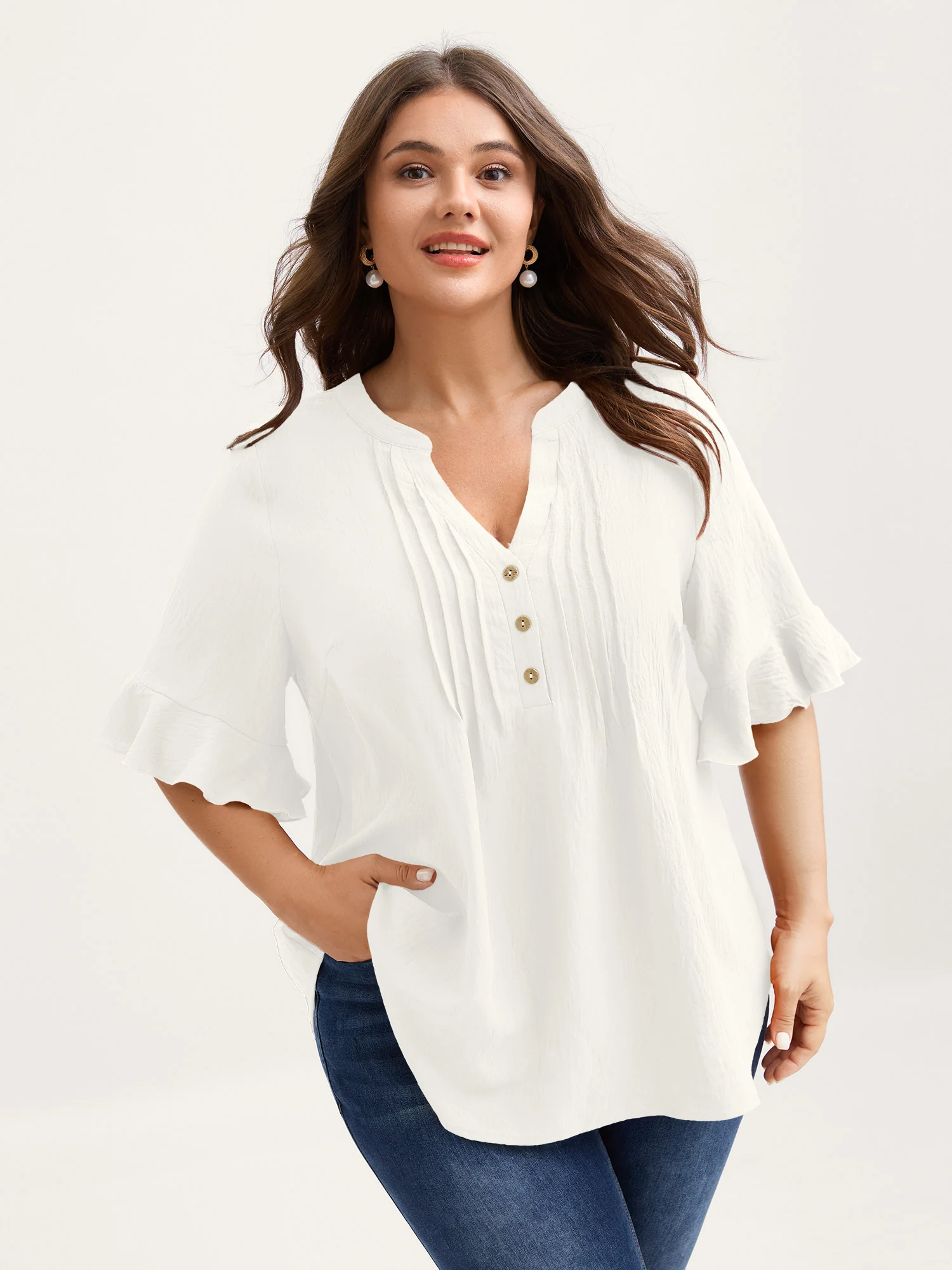 Toothpick Pleats Ruffled Sleeve Solid Blouse - Image 21