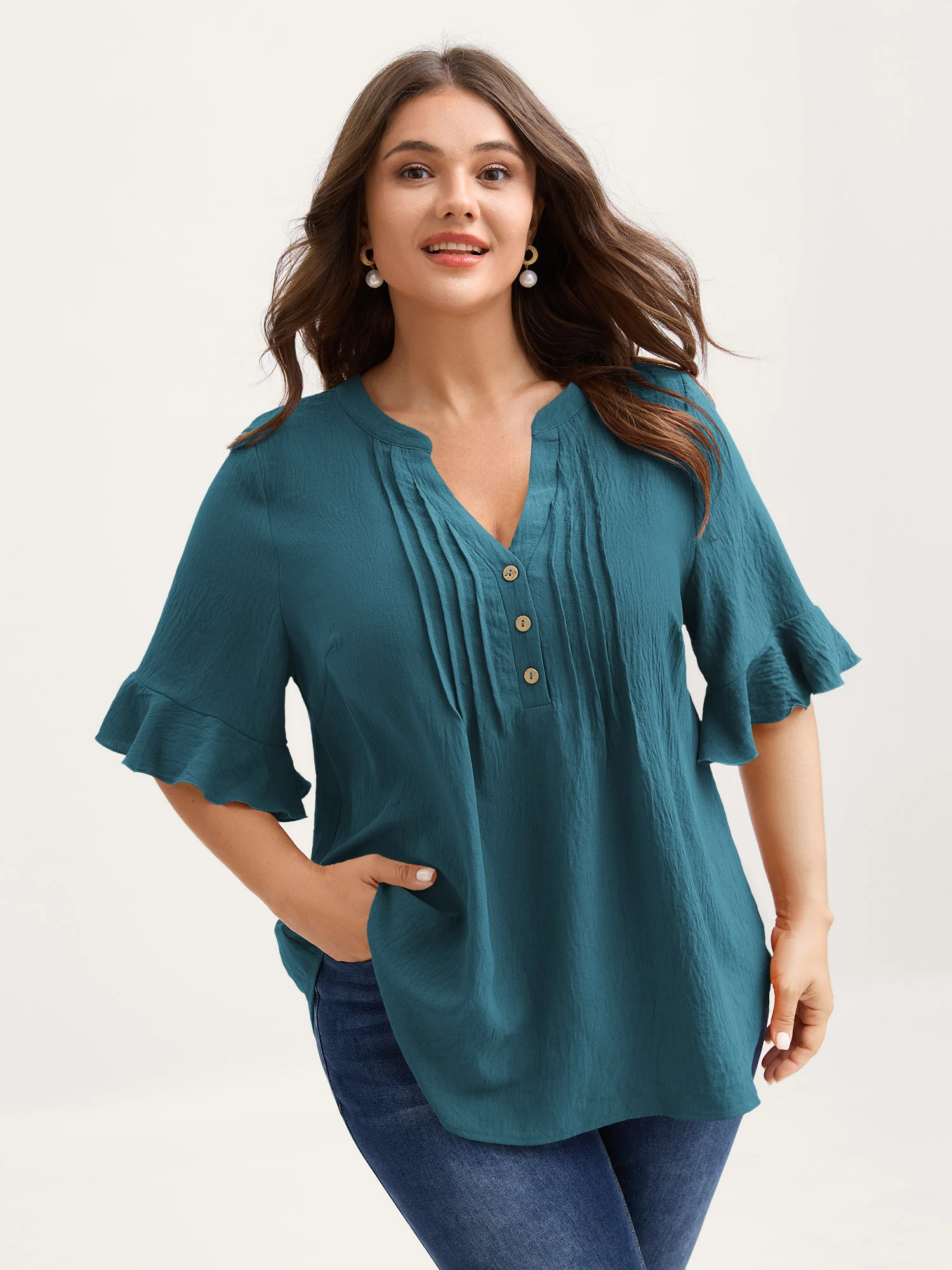 Toothpick Pleats Ruffled Sleeve Solid Blouse - Image 25