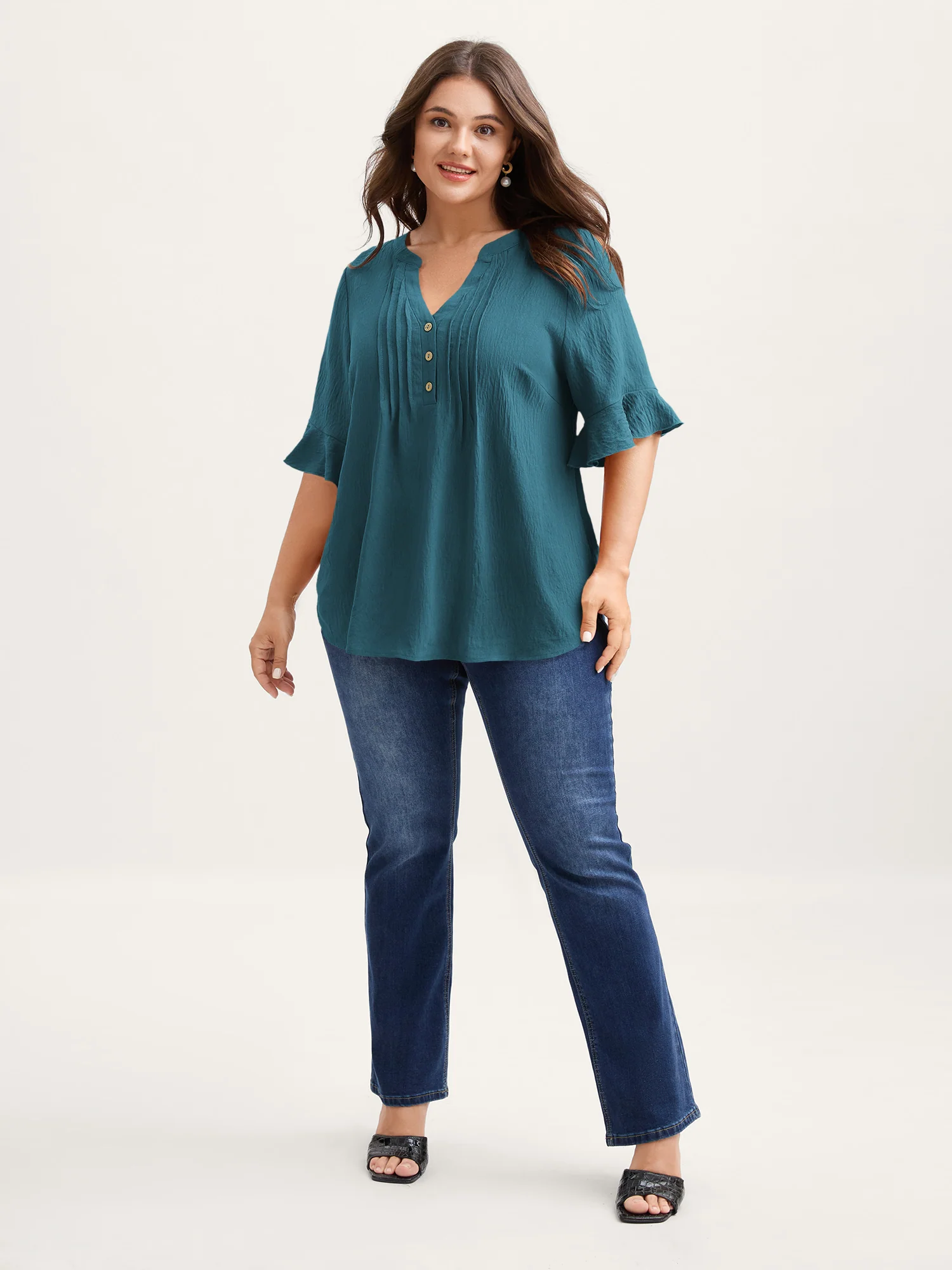 Toothpick Pleats Ruffled Sleeve Solid Blouse - Image 27
