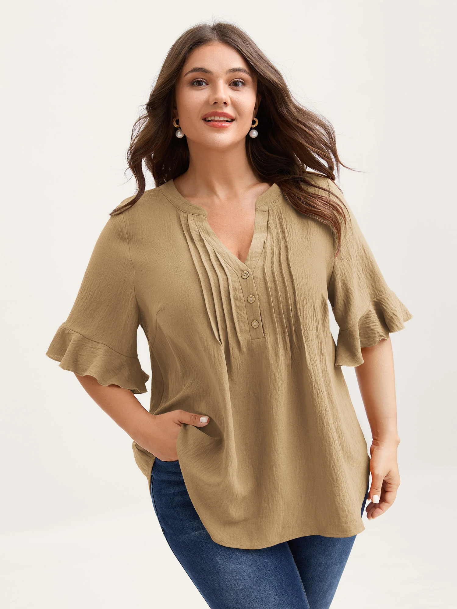 Toothpick Pleats Ruffled Sleeve Solid Blouse - Image 29